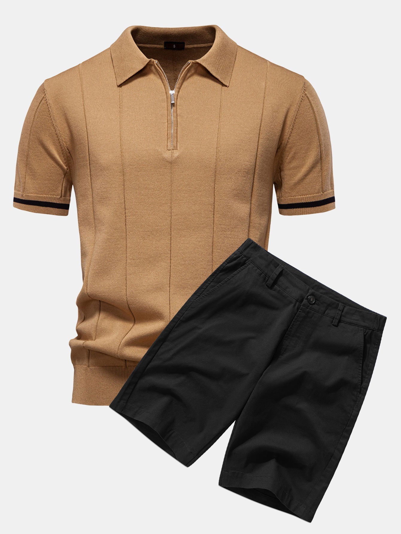 Polo de punto con cremallera y ribete en contraste y pantalones cortos chinos de algodón