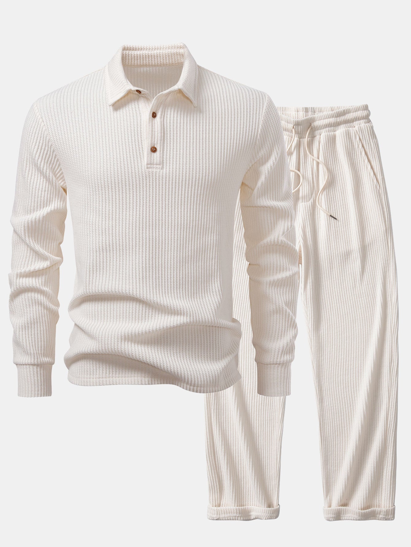 Polo de punto de manga larga con estampado de gofre y pantalones de punto con cordón