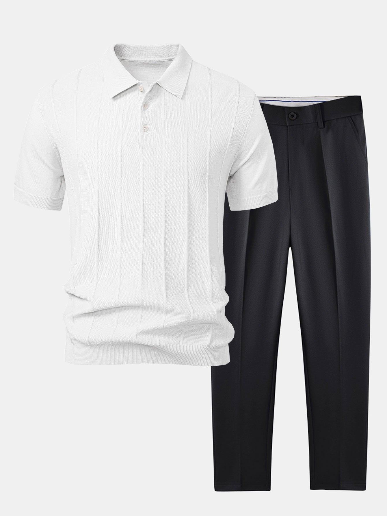 Polo de punto jacquard a rayas y pantalones cónicos de corte entallado