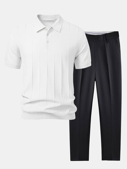 Polo de punto jacquard a rayas y pantalones cónicos de corte entallado