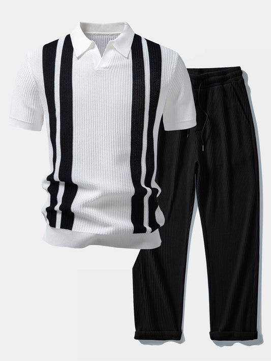 Polo de punto con cuello Johnny a rayas y pantalones de punto con cordón