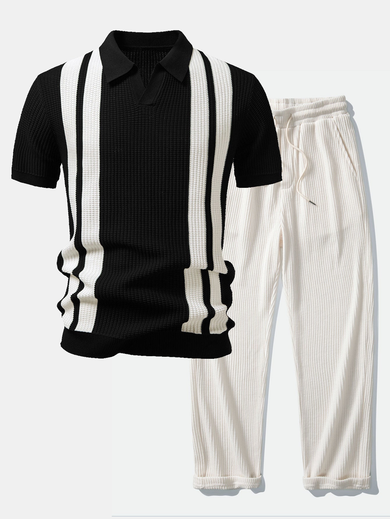 Polo de punto con cuello Johnny a rayas y pantalones de punto con cordón