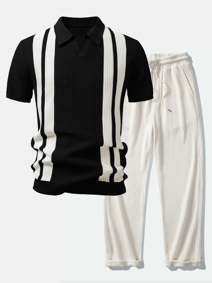 Polo de punto con cuello Johnny a rayas y pantalones de punto con cordón