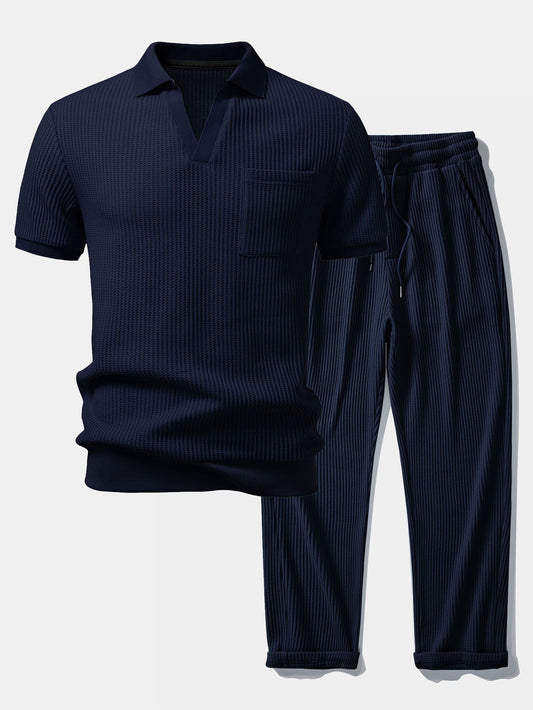Polo de cuello waffle Johnny con bolsillo y pantalones de punto waffle con cordón ajustable