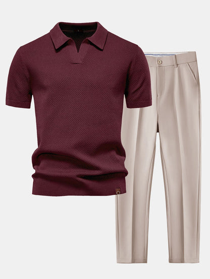 Polo de punto con textura de piña y cuello en V y pantalones cónicos de corte entallado